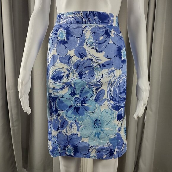 Van Heusen Women's 100% Cotton Blue, White Floral Back Zip, Pencil Skirt Size 8 - Picture 2 of 10